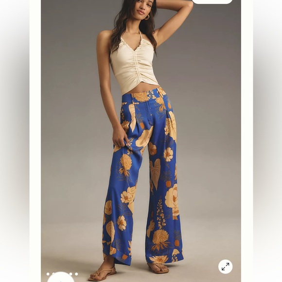 FARM Rio Pants - NWT Farm Rio x Anthropologie Floral Satin Wide-Leg Trousers - Size XS
